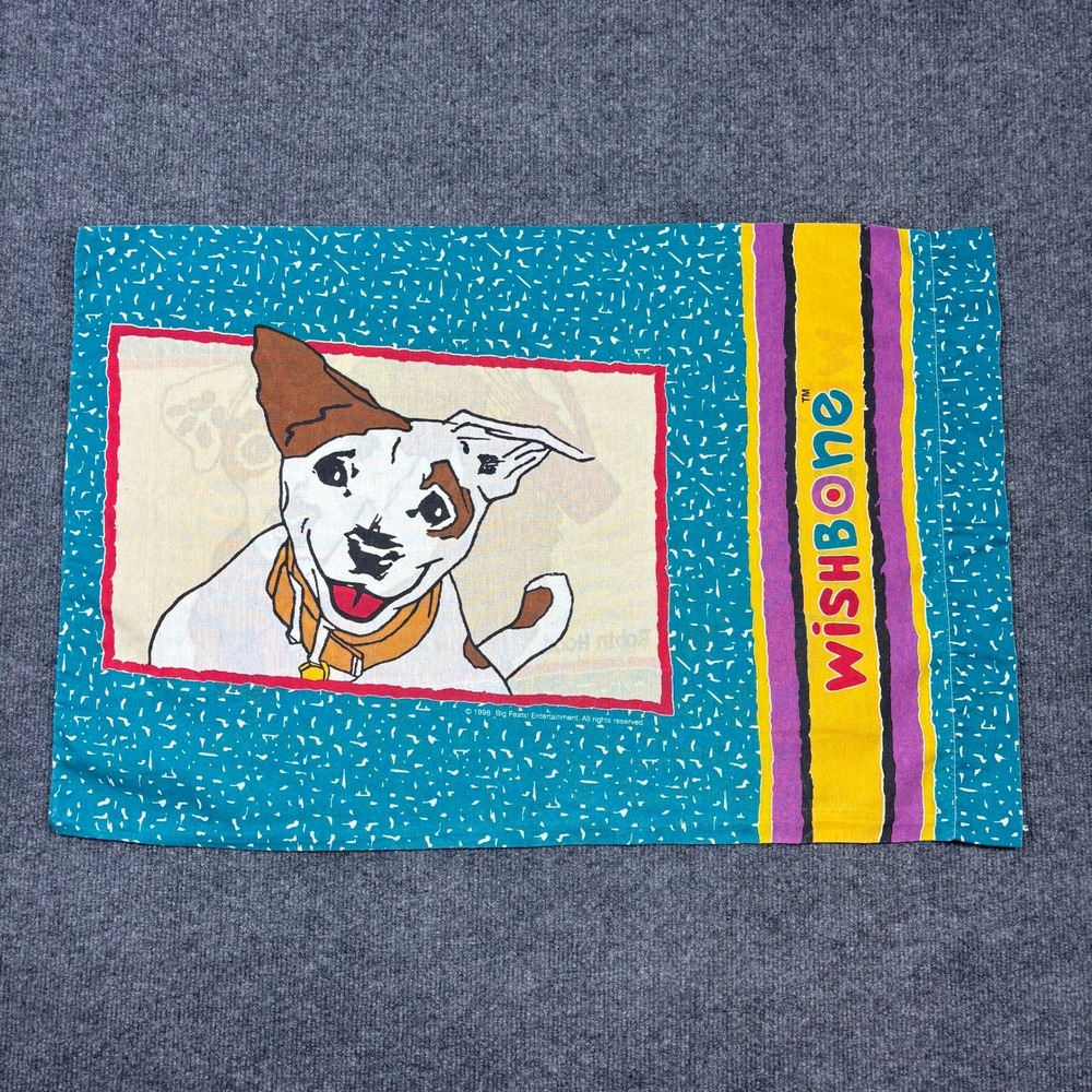 Vintage 1996 Wishbone Pillowcase Standard Teal Robin Hood PBS Kids 90s Bedding